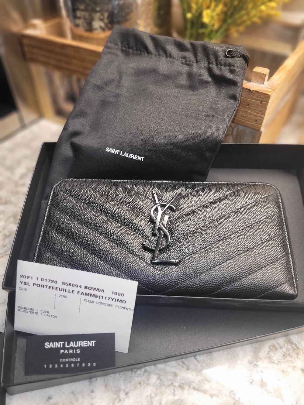 Saint Laurent YSL Monogram Matelassé Zip Around Wallet Black 358094 With Box